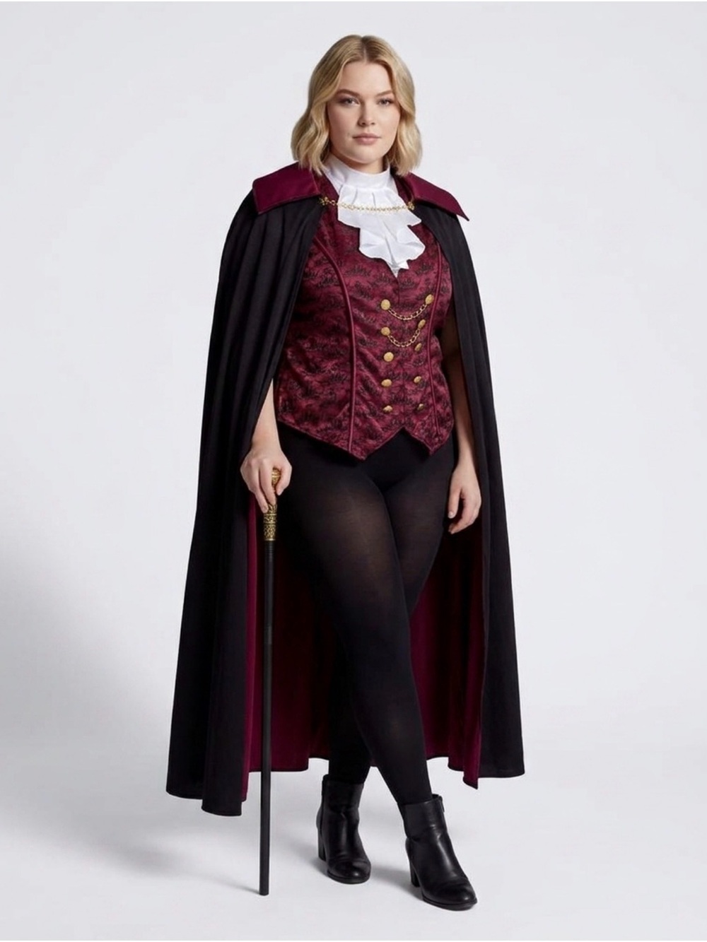 Women's Burgundy Brocade Vest with Black Cape Vampier/Dracula